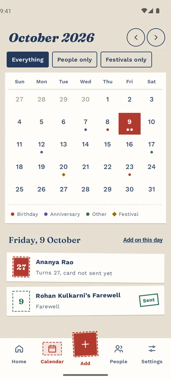 Memora month calendar with birthdays, anniversaries and festivals marked