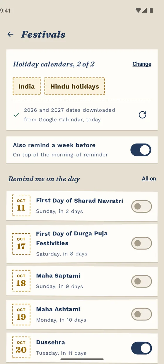 Choosing festival calendars in Memora