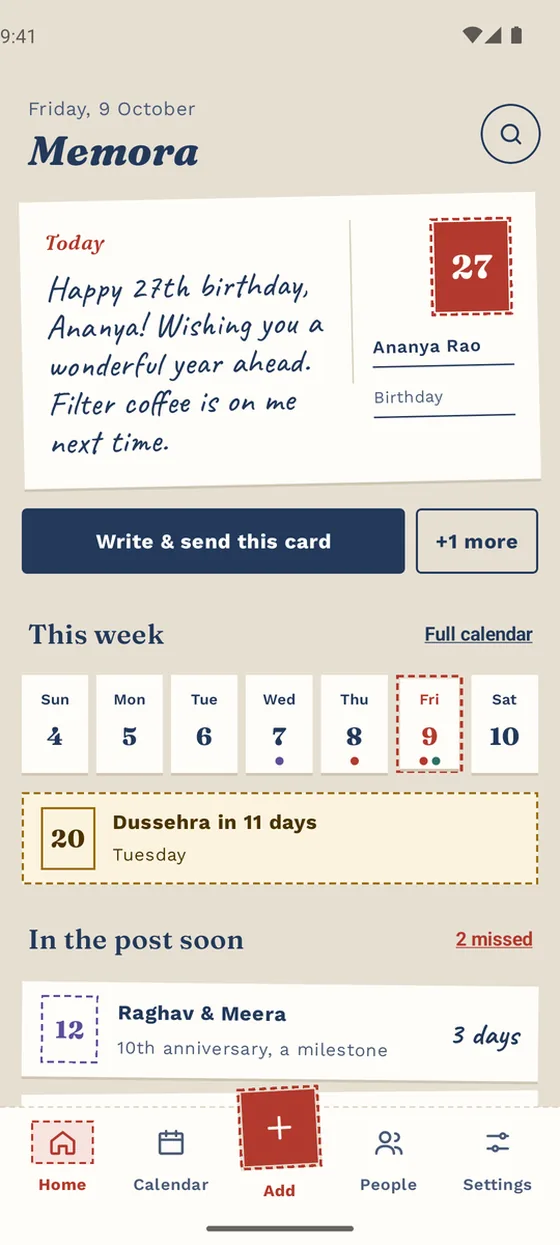 Memora birthday reminder home screen on Android