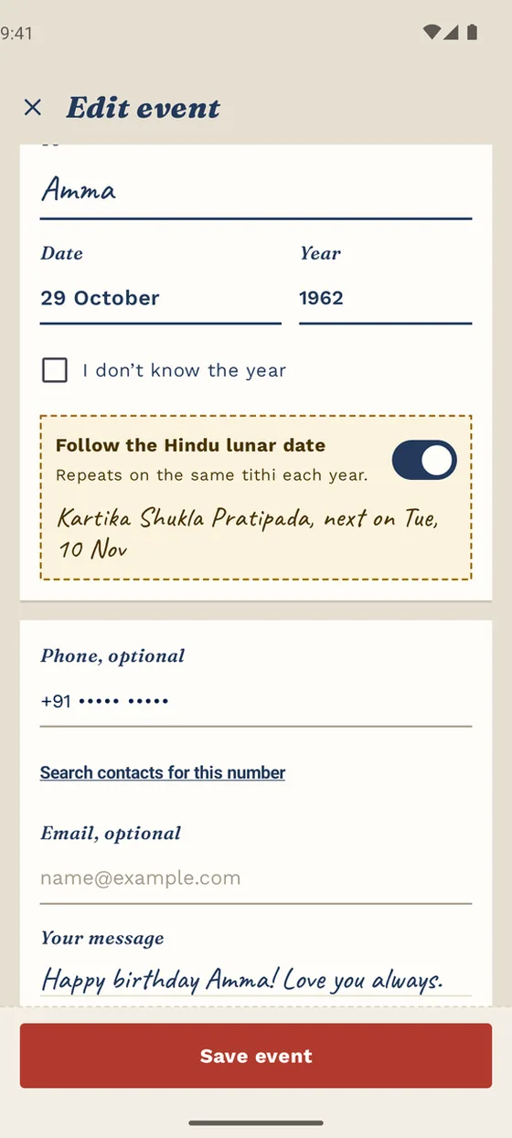 Setting a birthday that repeats on a Hindu lunar date