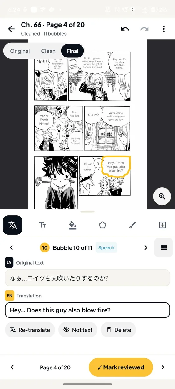 Panelglass Studio showing a translated page and one balloon&rsquo;s original and translation